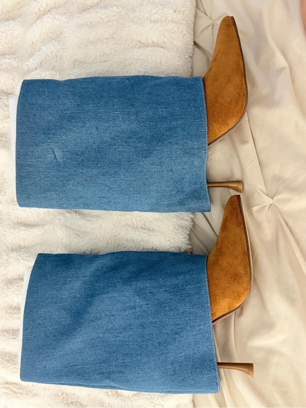 Fashion Nova Denim Knee-High Booties | Camel Suede Toe | Size 7